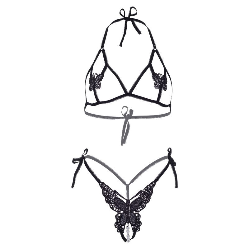 LEG AVENUE - SET DOS PIEZAS SUJETADOR Y TANGA DE MARIPOSAS Y PERLAS TALLA UNICA - NEGRO - Image 5